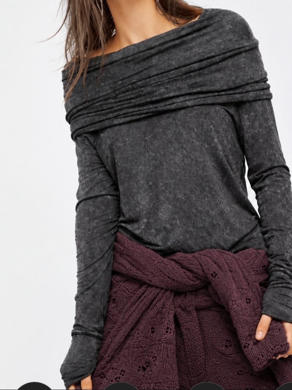 We The Free People Women's Off-the-Shoulder Dark Charcoal Top -  Petite Small